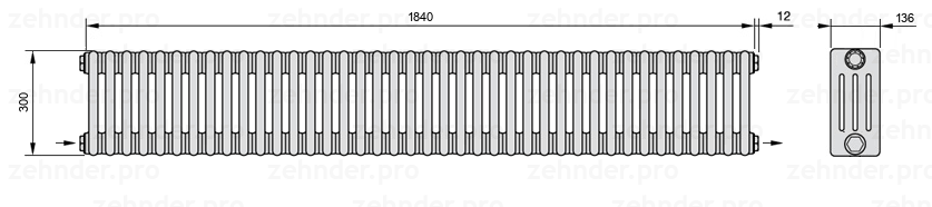 Схема (чертеж) Радиатор Zehnder Charleston 4030/40 №2670 Белый глянцевый RAL 9016